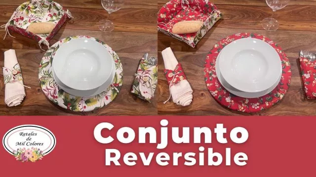 Conjunto de accesorios reversible de mesa: mantel, cesta, servilletero y estuche de cubiertos